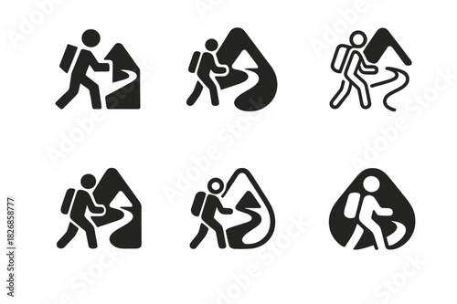 Traveler Logo Icons. Traveler. Icon set. Set Logo of traveler: journey and adventure path. harmonious logo variations of the same emblematic concept, each with