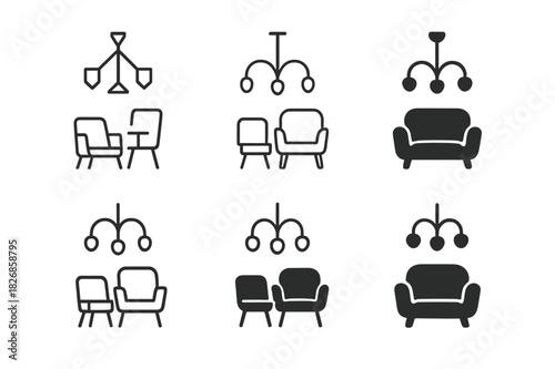 Modern Interior Logos. Interior design for modern homes. Icon set. Set Logo of interior design for modern homes: modern chandelier above contemporary