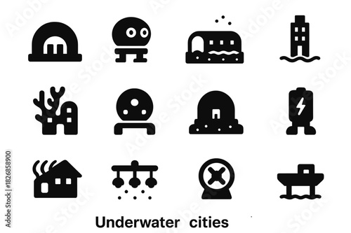Underwater City Icons. Underwater cities. Solid icon set of Underwater cities: dome structure, bubble house, submarine tunnel, sea tower, coral building, glass