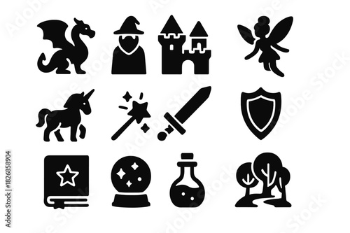 Fantasy Icon Set. Fantasy Realm. Solid icon set of dragon, wizard, castle, fairy, unicorn, magic wand, sword, shield, spell book, crystal ball, potion,
