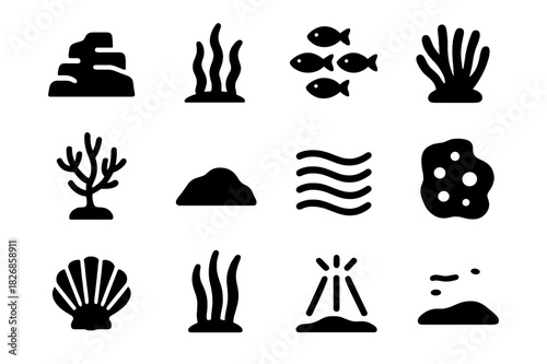 Underwater Icon Set. Underwater ecosystem. Solid icon set of Underwater ecosystem: reef structure, marine plants, fish school, sea anemone, coral branch, sea