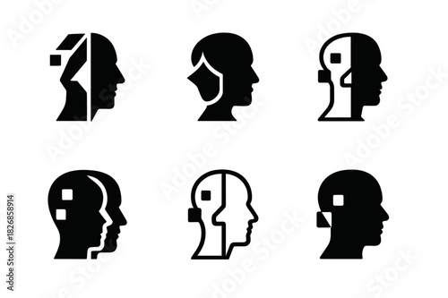 Digital Avatar Icons. Digital avatars and evolving identity. Icon set. Set Logo of digital avatars: half-human, half-digital profile. harmonious logo
