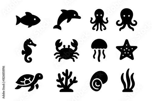 Underwater Icon Set. Underwater Life. Solid icon set of fish, dolphin, whale, octopus, seahorse, crab, jellyfish, starfish, turtle, coral, shell, seaweed.