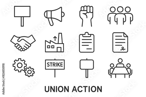 Union Action Icons. Union Action. Line icon set of Union Action: protest sign, megaphone, raised fist, group of people, handshake, factory building, clipboard,