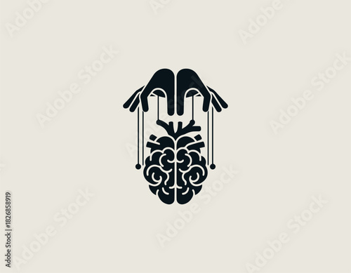 Black Vector Illustration of hands controlling the brain and heart as a puppet.