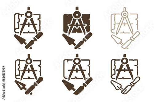 Antique Map Restoration Icons. Antique map restoration process. Icon set. Set Logo of antique map restoration process: restoration toolkit and compass.