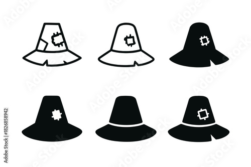 Scarecrow Hat Logos. Scarecrow Hat. Icon set. Set Logo of Scarecrow Hat: Patchwork Cap. harmonious logo variations of the same emblematic concept (Abstract