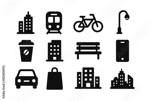 Urban Icons Set. Urban lifestyle. Solid icon set of urban lifestyle: skyscraper, subway, bicycle, street light, coffee cup, office building, park bench,