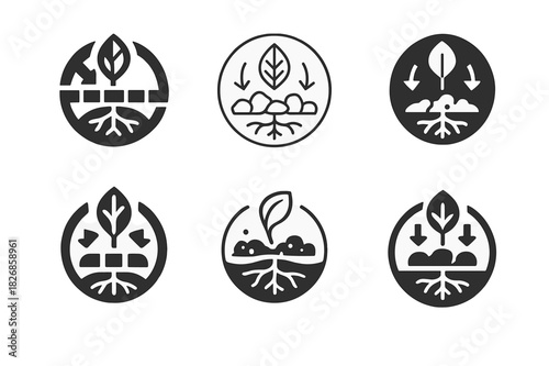 Humus Life Cycle Icons. Humus. Icon set. Set Logo of humus: circular emblem showing life cycle of organic matter into soil. harmonious logo variations of the
