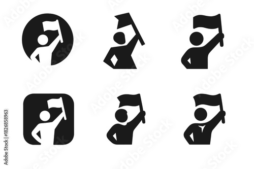 Youth Leadership Icons. Youth activism and leadership. Icon set. Set Logo of Youth activism and leadership: youth leader with flag raised high. harmonious logo