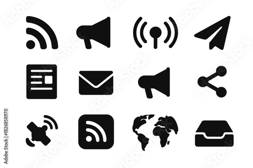 News Distribution Icons. News Distribution. Solid icon set of News Distribution: RSS feed, loudspeaker, radio wave, paper plane, newsletter, email, megaphone,