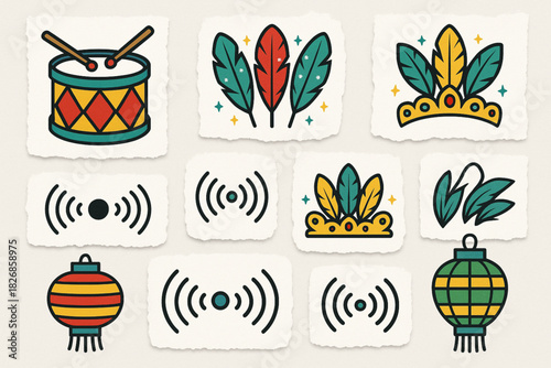 Carnival illustration pack torn vector style drums feathers tiaras sound waves lanterns on white background