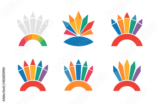 Colorful Crayon Logos. School supplies. Icon set. Set Logo of School supplies: crayons arranged in a color fan. harmonious logo variations of the