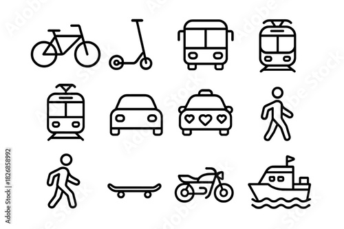 Urban Mobility Icons. Urban mobility. Line icon set of urban mobility: bicycle, electric scooter, bus, metro train, tram, car, taxi, rideshare car, pedestrian,