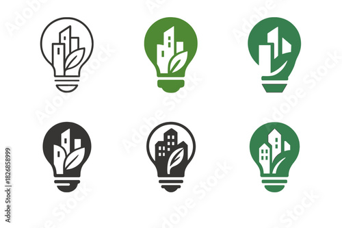 Urban Eco Logos. Urban Renewable Projects. Icon set. Set Logo of Urban Renewable Projects: eco-friendly light bulb over city. harmonious logo variations of the