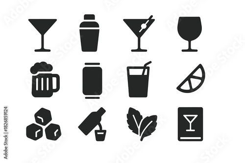 Mixology Icon Set. Beverages and mixology. Solid icon set of beverages and mixology: cocktail glass, shaker, martini, wine glass, beer mug, soda can, straw in