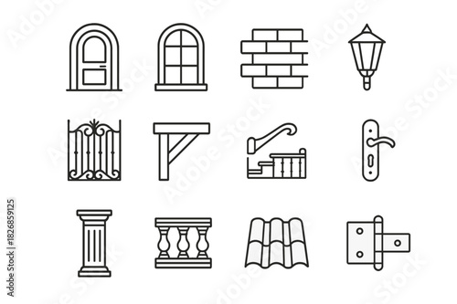 Vintage Architecture Icons. Vintage architecture details. Line icon set of vintage architecture details: arched doorway, window frame, brick wall, iron gate,