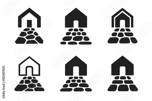 Walkway Stone Logo Variations. Building a front walkway with stone. Icon set. Set Logo of building a front walkway with stone: home entrance with finished