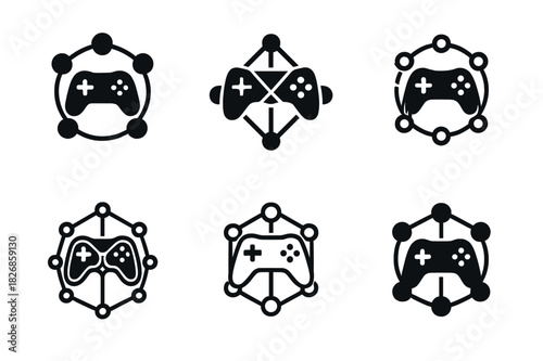 Diverse Gaming Logos. Online multiplayer. Icon set. Set Logo of online multiplayer: cross-platform gaming network. harmonious logo variations of the same