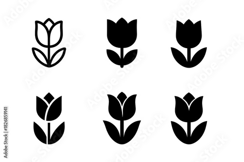 Tulip Logo Variations. Tulip. Icon set. Set Logo of tulip: single blooming flower. harmonious logo variations of the same emblematic concept, each with