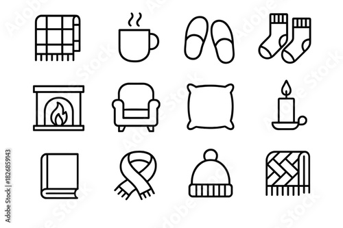 Cozy Essentials Icons. Snug Moments. Line icon set of Snug Moments: blanket, hot drink, slippers, socks, fireplace, chair, pillow, candle, book, scarf, hat,