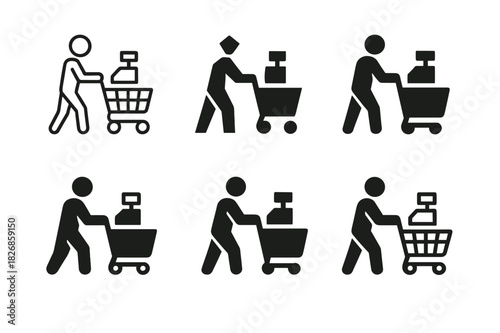 Shopper Behavior Icons. Shopper behavior. Icon set. Set Logo of shopper behavior: checkout counter. harmonious logo variations of the same emblematic concept,