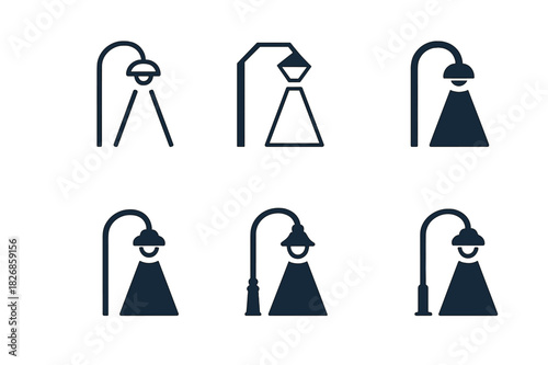 Streetlight Logo Variations. Streetlights at night. Icon set. Set Logo of streetlights: curved lamp casting beam. harmonious logo variations of the same