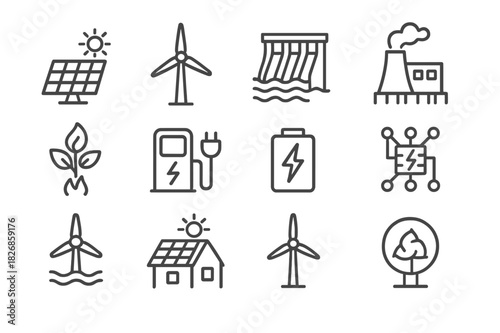 Eco-Energy Icon Set. Eco-friendly power solutions. Line icon set of eco-friendly power solutions: solar panel, wind turbine, hydroelectric dam, geothermal