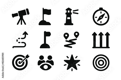 Vision and Purpose Icons. Vision and purpose. Solid icon set of Vision and purpose: telescope icon, mission flag, guiding light, value compass, purpose path,