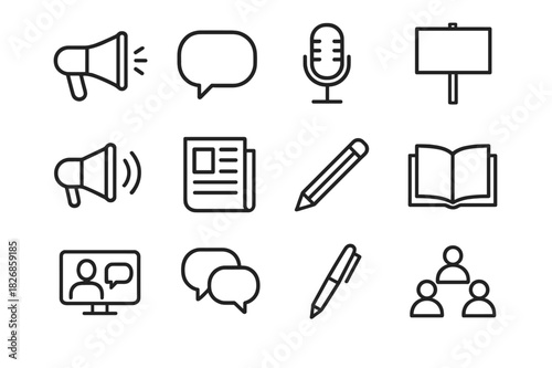 Voice & Rights Icons. Voice & Rights. Line icon set of Voice & Rights: megaphone, speech bubble, microphone, protest sign, loudspeaker, newspaper, pencil, open