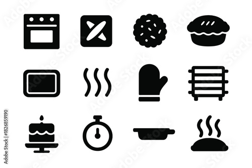 Pastry Baking Icons. Pastry baking. Solid icon set of Pastry baking: oven, puff pastry, tart, pie, tray, heat waves, oven mitt, rack, cake, timer, handle,