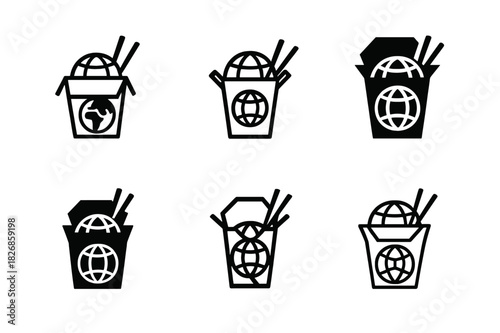 Street Food Icons. International street food and snacks. Icon set. Set Logo of International street food and snacks: takeout box with global fusion elements.