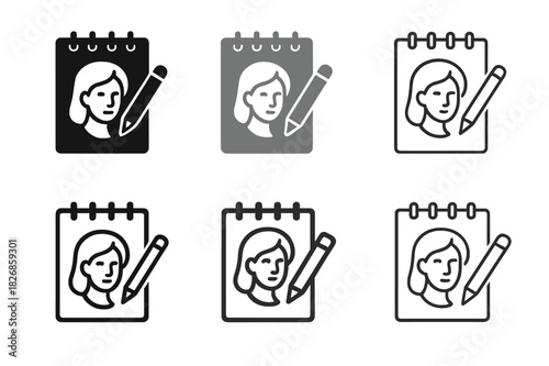 Pencil Portrait Icons. Drawing a portrait with pencils. Icon set. Set Logo of Drawing a portrait with pencils: sketchbook with a portrait drawing in progress.