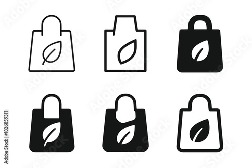 Biodegradable Material Logos. Biodegradable materials. Icon set. Set Logo of biodegradable materials: bag with leaf symbol. harmonious logo variations of the
