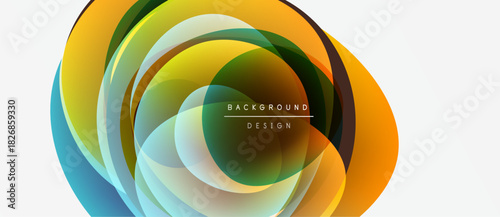 Abstract circular design. Overlapping translucent layers create vibrant color blends. Modern, dynamic visual composition.