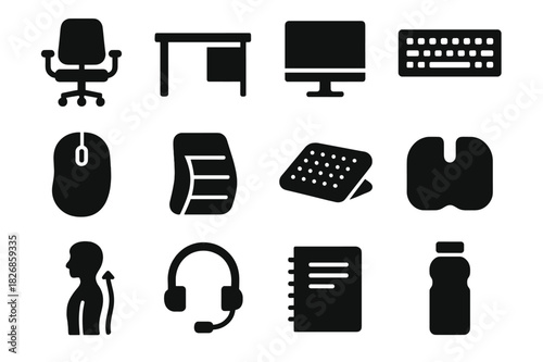 Ergonomic Tools Icons. Ergonomic Tools. Solid icon set of chair, desk, monitor, keyboard, mouse, lumbar support, footrest, cushion, posture guide, headset,