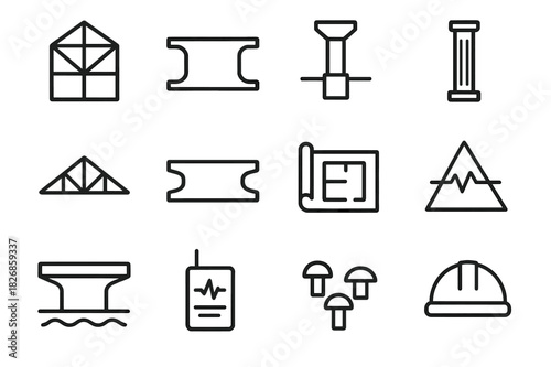 Structural Engineering Icons. Structural engineering. Line icon set of Structural engineering: steel frame, load beam, foundation, column, truss, girder,