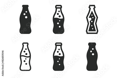 Soda Pop Icons. Soda pop. Icon set. Set Logo of soda pop: glass bottle with bubbles. harmonious logo variations of the same emblematic concept, each with