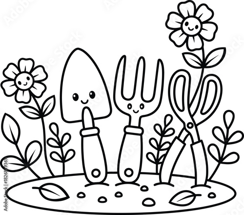 Cute Garden Tools and Flowers Illustration for Children's Coloring Book