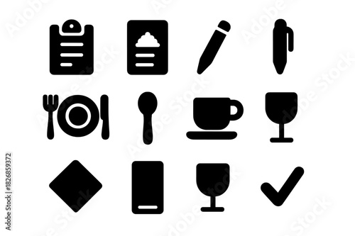 Food Ordering Icons. Food ordering. Solid icon set of Food ordering: clipboard, menu sheet, pencil, pen, plate, fork, knife, spoon, coffee cup, glass, napkin,