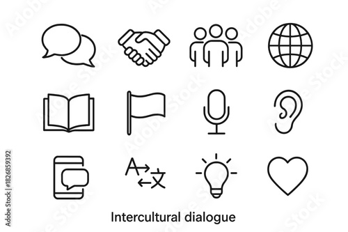 Intercultural Icons Set. Intercultural dialogue. Line icon set of intercultural dialogue: speech bubbles, handshake, people group, globe, book, flag,