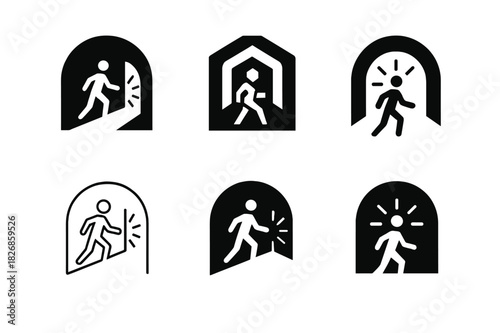 Triumphant Icon Set. Person overcoming challenges. Icon set. Set Logo of Person overcoming challenges: Light at tunnel?s end. harmonious logo variations of the