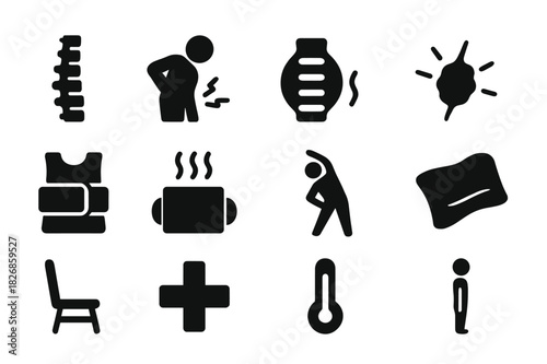 Spine Health Icons. Spinal Discomfort. Solid icon set of spine, person holding back, muscle, pain lines, back brace, hot pack, stretching pose, pillow, chair,