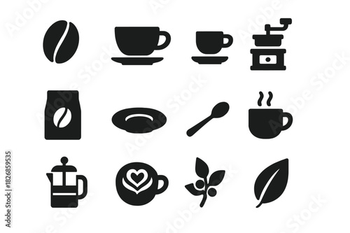 Coffee Icon Set. Coffee beans. Solid icon set of Coffee beans: coffee bean, coffee cup, espresso shot, coffee grinder, coffee bag, saucer, spoon, steaming mug,