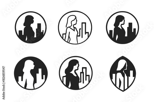Model Logo Variations. model on location. Icon set. Set Logo of model on location: silhouette against skyline. harmonious logo variations of the same