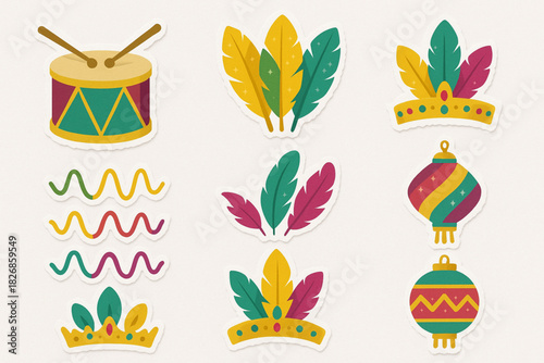 Carnival illustration pack torn vector style drums feathers tiaras sound waves lanterns on white background