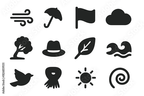 Windy Day Icons. Windy day. Solid icon set of windy day: gust lines, umbrella, flag, cloud, tree, hat, leaf, wave, bird, scarf, sun, swirl. Filled icons set in