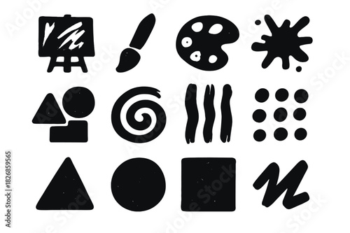 Expressionism Icon Set. Expressionism. Solid icon set of Expressionism: canvas, paintbrush, palette, color splash, geometric shapes, swirl, lines, dots,
