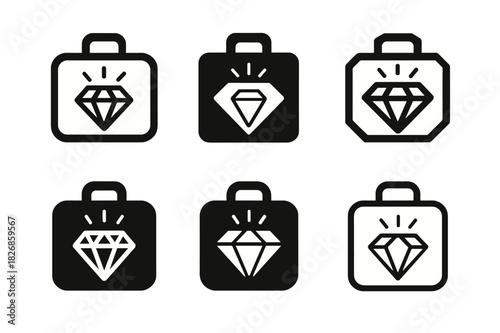 Travel Gem Icons. Hidden travel gems. Icon set. Set Logo of hidden travel gems: suitcase with shining gem. harmonious logo variations of the same emblematic