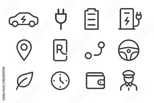Electric Rideshare Icons. Electric rideshare. Line icon set of electric rideshare: electric car, plug, battery, charging station, map pin, phone, route,